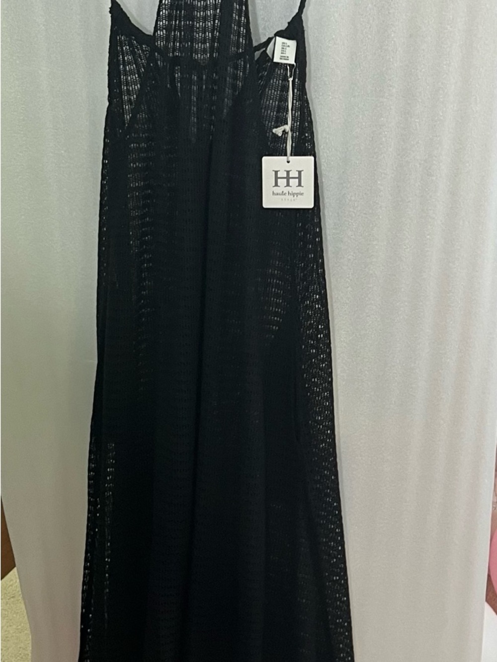 Haute Hippie Black Crochet Maxi Dress with Shell Tassel